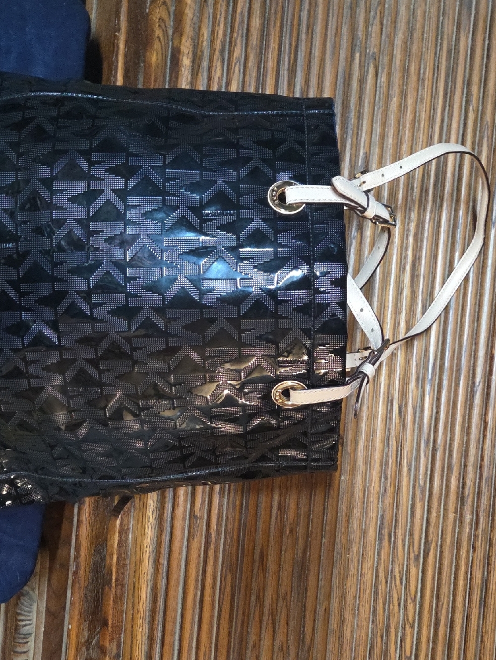 Black Patent Tote Bag with Cream Handles